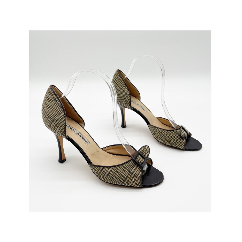 Manolo Blahnik Vintage Brown Beige Wool Houndstooth Buckle Peep Toe Heels IT 40